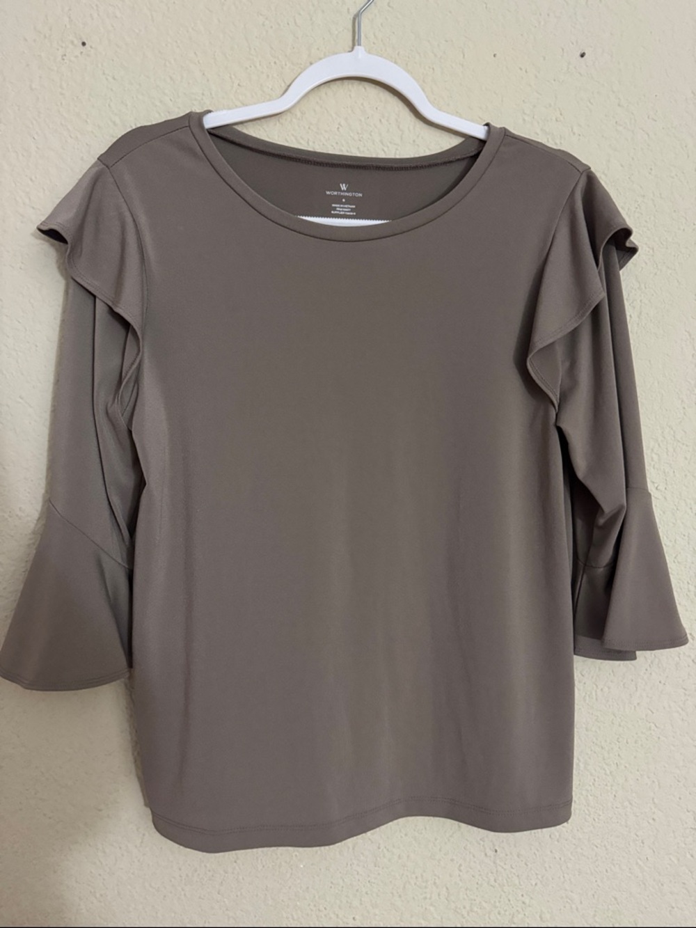 Worthington Taupe Ruffle Long Sleeve Blouse